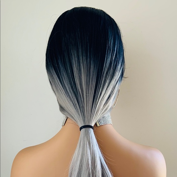 Very Pretty Long Straight Ombre Grey Oval Part Lace Front Wig - Picture 11 of 16